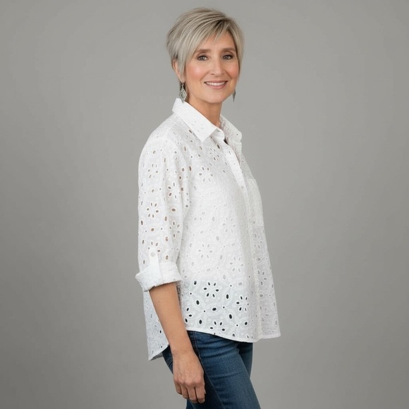 POL Tops - POL White Cotton Eyelet Button Down Textured Blouse